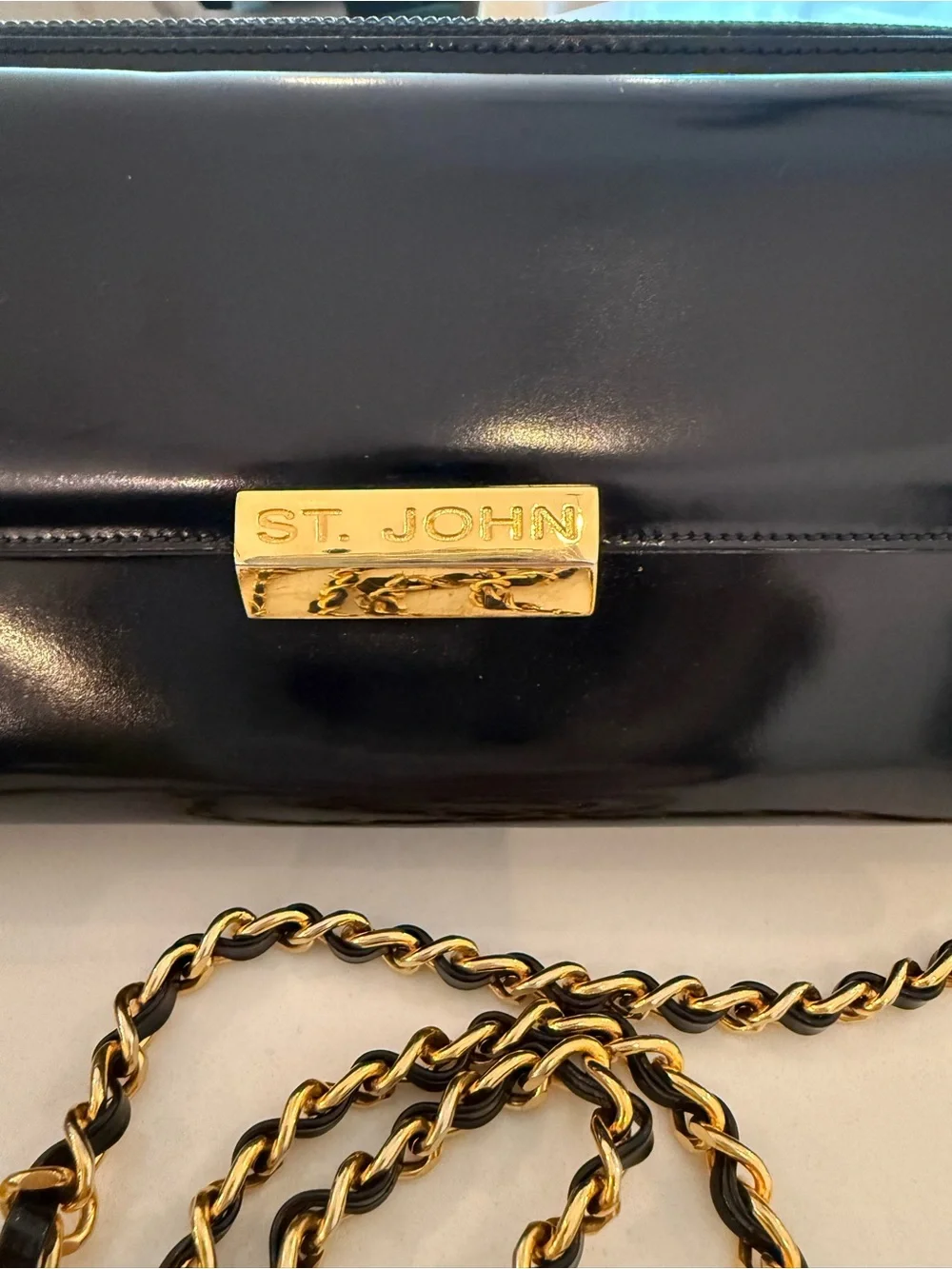 Vintage St. John Black Leather Crossbody with Gold Chain Strap - Picture 3 of 8